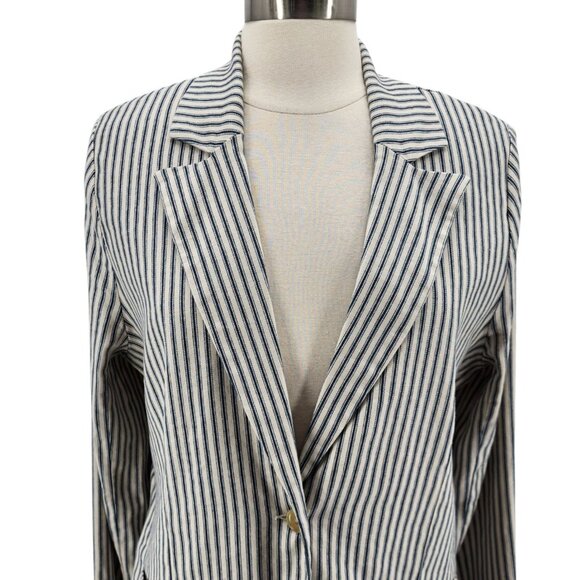 NEW Evereve Womens Medium Jacket Thea Stripe Blazer Natural Stripe Linen Blend - Picture 2 of 12